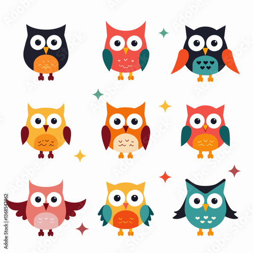 Set of cute owl illustrations in various colors, A colorful cartoon funny owl set on a white background