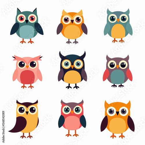 Set of cute owl illustrations in various colors, A colorful cartoon funny owl set on a white background