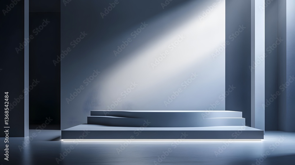 Obraz premium A modern podium with a clean, flat surface and minimalist design, illuminated by soft light in a high-contrast environment.