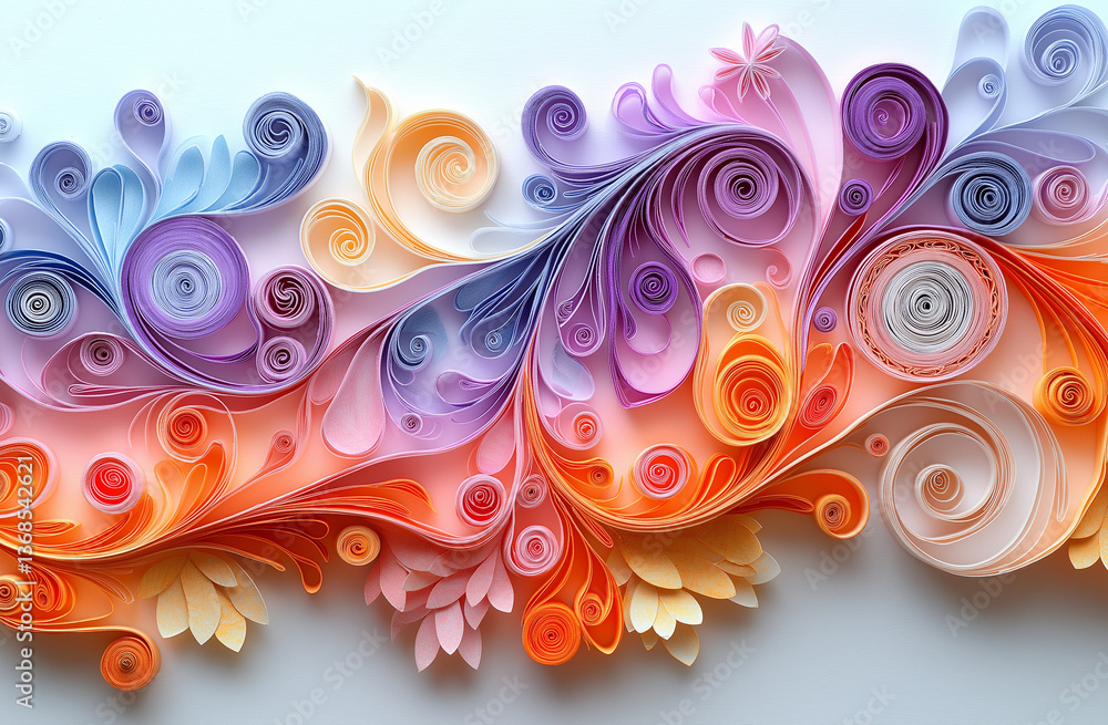 Abstract paper quilling art with pastel swirls in pink, purple, orange, and yellow on white background Abstract paper quilling art with pastel swirls in pink, purple, orange, and yellow on white background