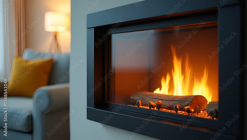 3D Flat Icon: Modern Fireplace, Cozy Sofa & Smart Thermostat for Home Comfort 3D Flat Icon: Modern Fireplace, Cozy Sofa & Smart Thermostat for Home Comfort