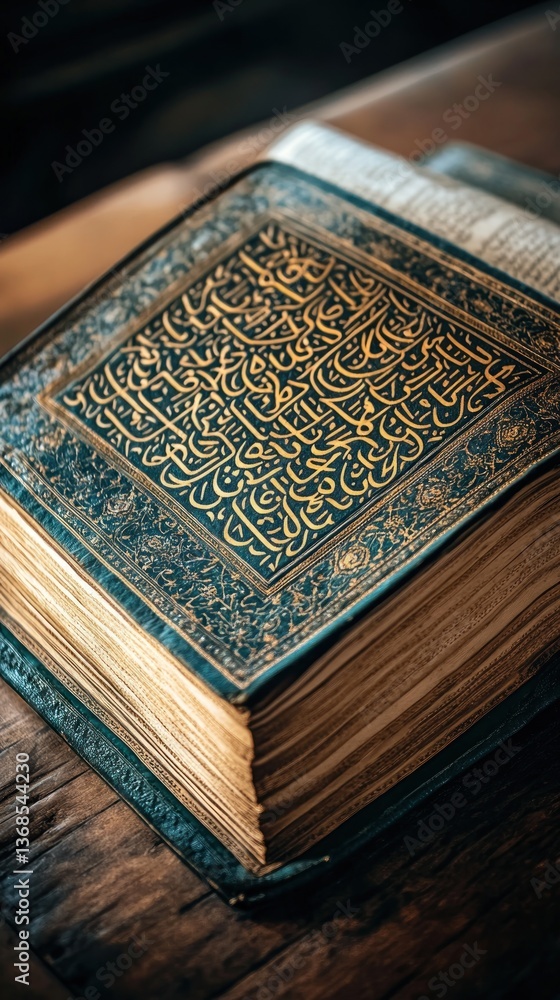 Fototapeta premium Ornate Quran book, open pages, detailed calligraphy, wooden table background