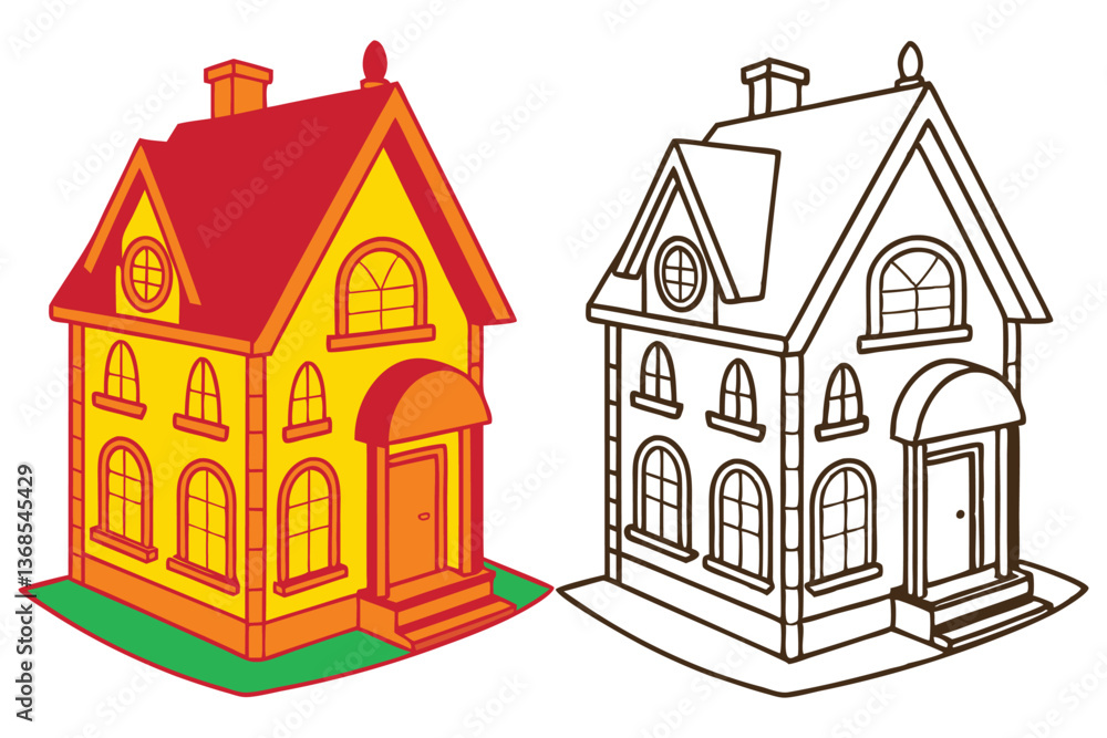 Fototapeta premium Cartoon House Illustration, Red Roof, Yellow Facade, Line Art Version on White