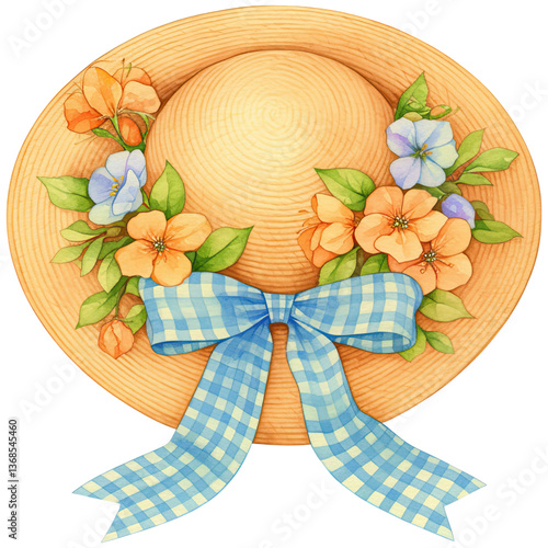A decorative straw hat adorned with colorful flowers and a blue checkered ribbon.
