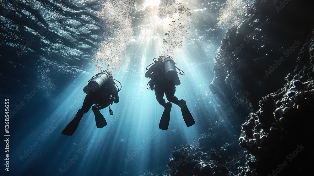 Fototapeta premium Diving excursion with two divers exploring underwater scenery, surrounded by sunlight filtering through water, creating serene