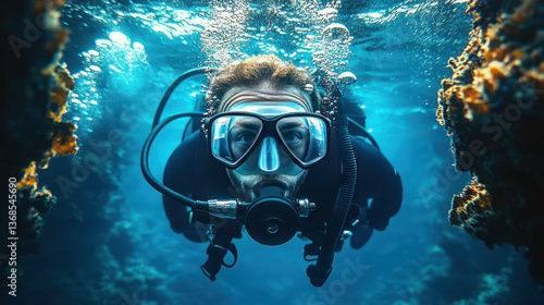 Wallpaper Mural Diver exploring underwater scenery with bubbles and coral formations. vibrant marine environment creates sense of adventure and discovery Torontodigital.ca