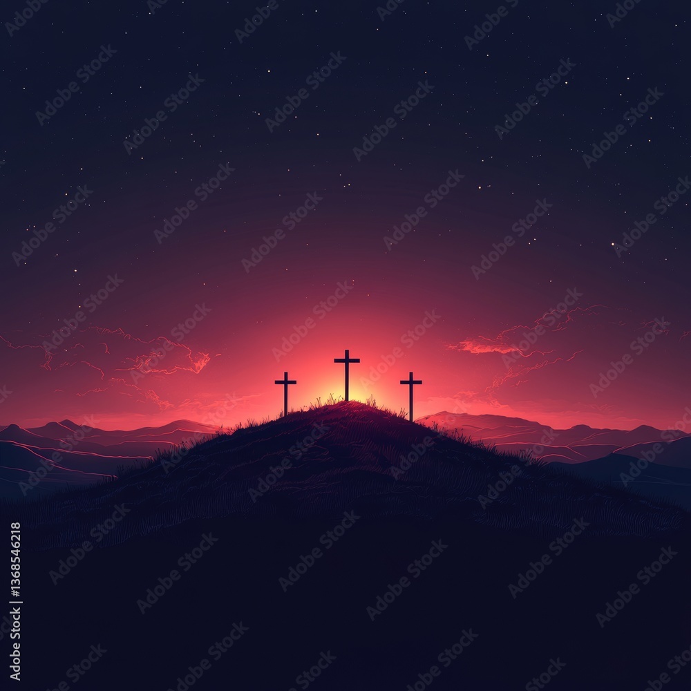 Obraz premium Three crosses at sunrise with spiritual symbolism, Catholic Easter and Good Friday concept art 