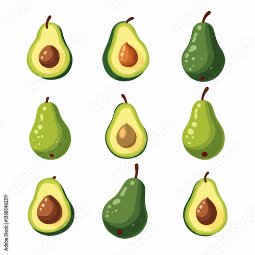 Set avocado vector, Set of fresh whole and half avocado isolated on white background. Organic food. Cartoon style. Vector illustration for design.