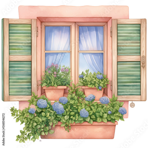 A charming window with green shutters adorned with blooming flowers and greenery in pots, creating a vibrant and inviting ambiance.