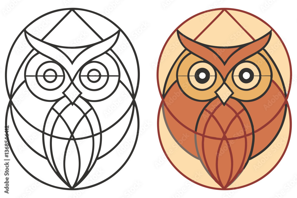 Obraz premium Stylized Owl with Geometric Shapes, Outline and Colored Version
