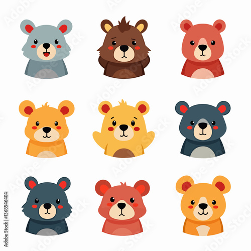 Set of cute bears. Funny doodle animals. Little bear in cartoon style