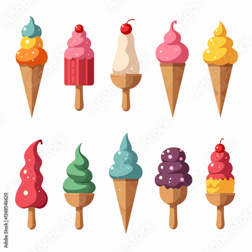 Set ice cream on a white background, A delightful vector illustration set of various ice cream cones with toppings in a playful cartoon style.