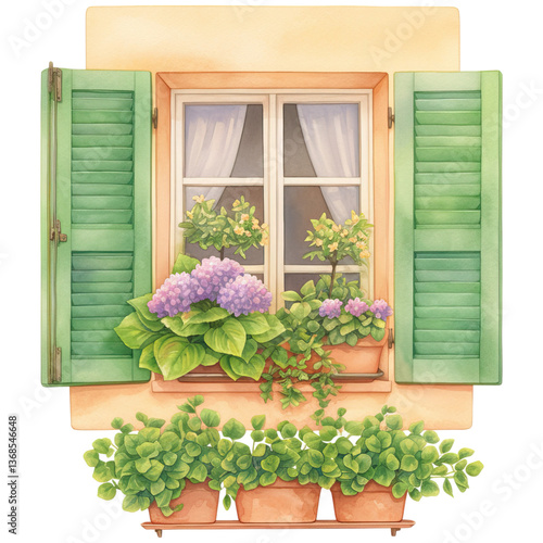 A charming window with green shutters adorned with colorful flowers and lush greenery in pots, creating a vibrant and inviting atmosphere.