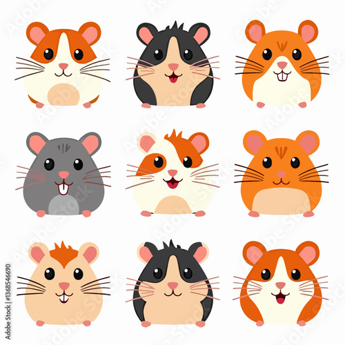 Set of cartoon hamster, isolated on white background , transparent vector style flat color