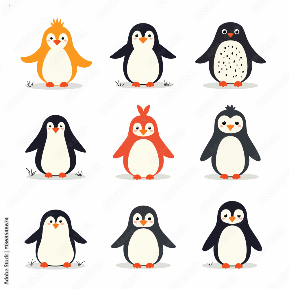 Fototapeta premium Cute penguins set. Adorable arctic antarctic birds in playful poses, waddling, walking, standing with wings. Polar animals, mammal characters, fauna from Antarctica. Isolated flat vector illustrations
