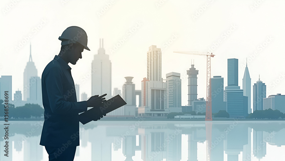 3D Flat Icon: Silhouette of Person & Site Plan for Construction Planning 3D Flat Icon: Silhouette of Person & Site Plan for Construction Planning