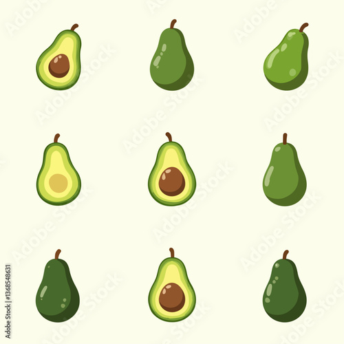 Set avocado vector, Set of fresh whole and half avocado isolated on white background. Organic food. Cartoon style. Vector illustration for design.