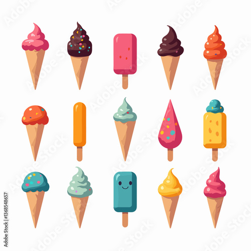 Set ice cream on a white background,  A delightful vector illustration set of various ice cream cones with toppings in a playful cartoon style.