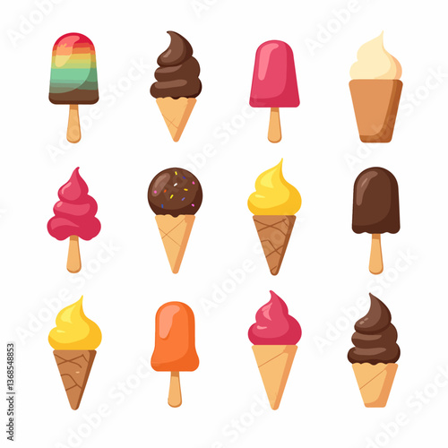 Set ice cream on a white background,  A delightful vector illustration set of various ice cream cones with toppings in a playful cartoon style.
