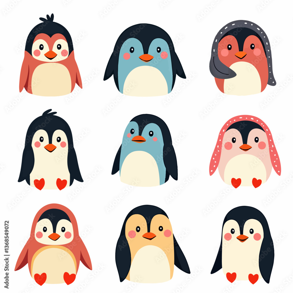 Naklejka premium Cute penguins set. Adorable arctic antarctic birds in playful poses, waddling, walking, standing with wings. Polar animals, mammal characters, fauna from Antarctica. Isolated flat vector illustrations