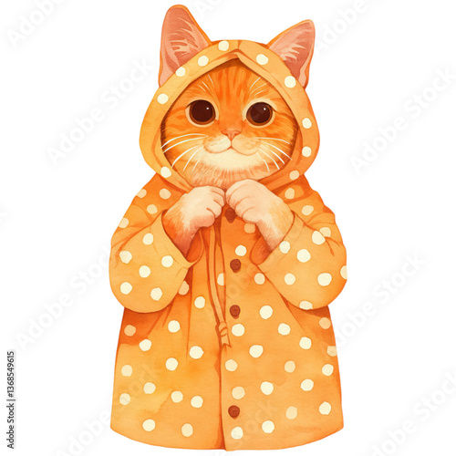 A cute orange cat wearing a polka-dotted raincoat, standing with its paws clasped together, exuding a cheerful demeanor.