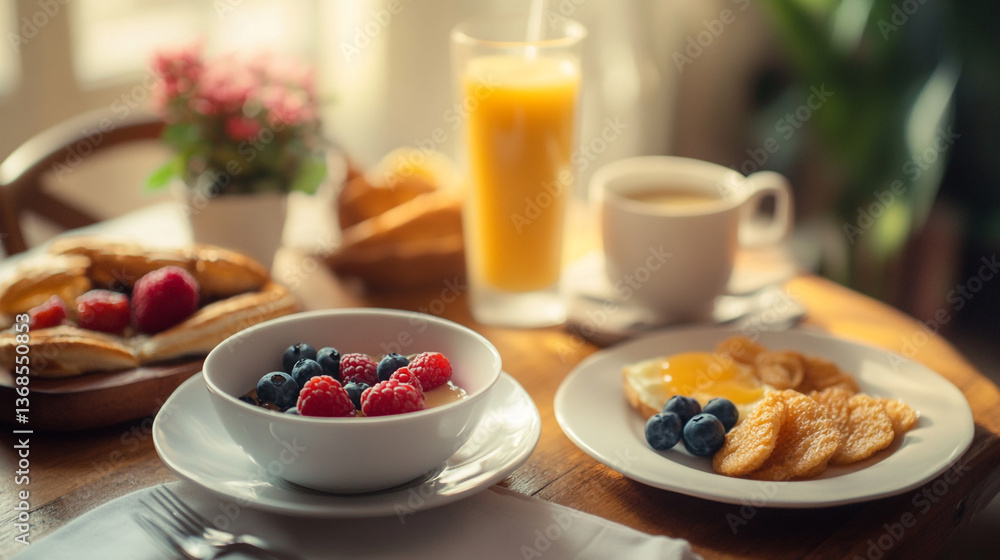 A breakfast table with berries, pancakes, orange juice, coffee, and an egg sunny side up A breakfast table with berries, pancakes, orange juice, coffee, and an egg sunny side up