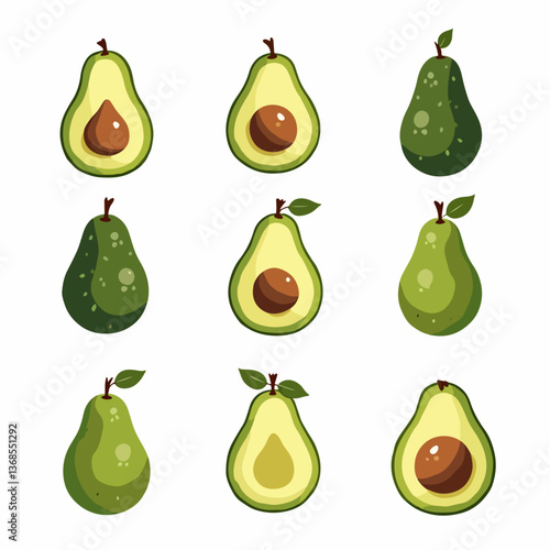 Set avocado vector, Set of fresh whole and half avocado isolated on white background. Organic food. Cartoon style. Vector illustration for design.