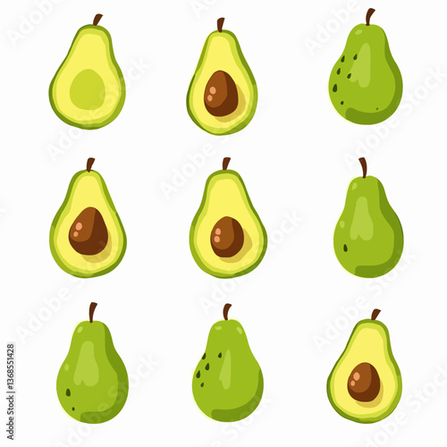 Set avocado vector, Set of fresh whole and half avocado isolated on white background. Organic food. Cartoon style. Vector illustration for design.