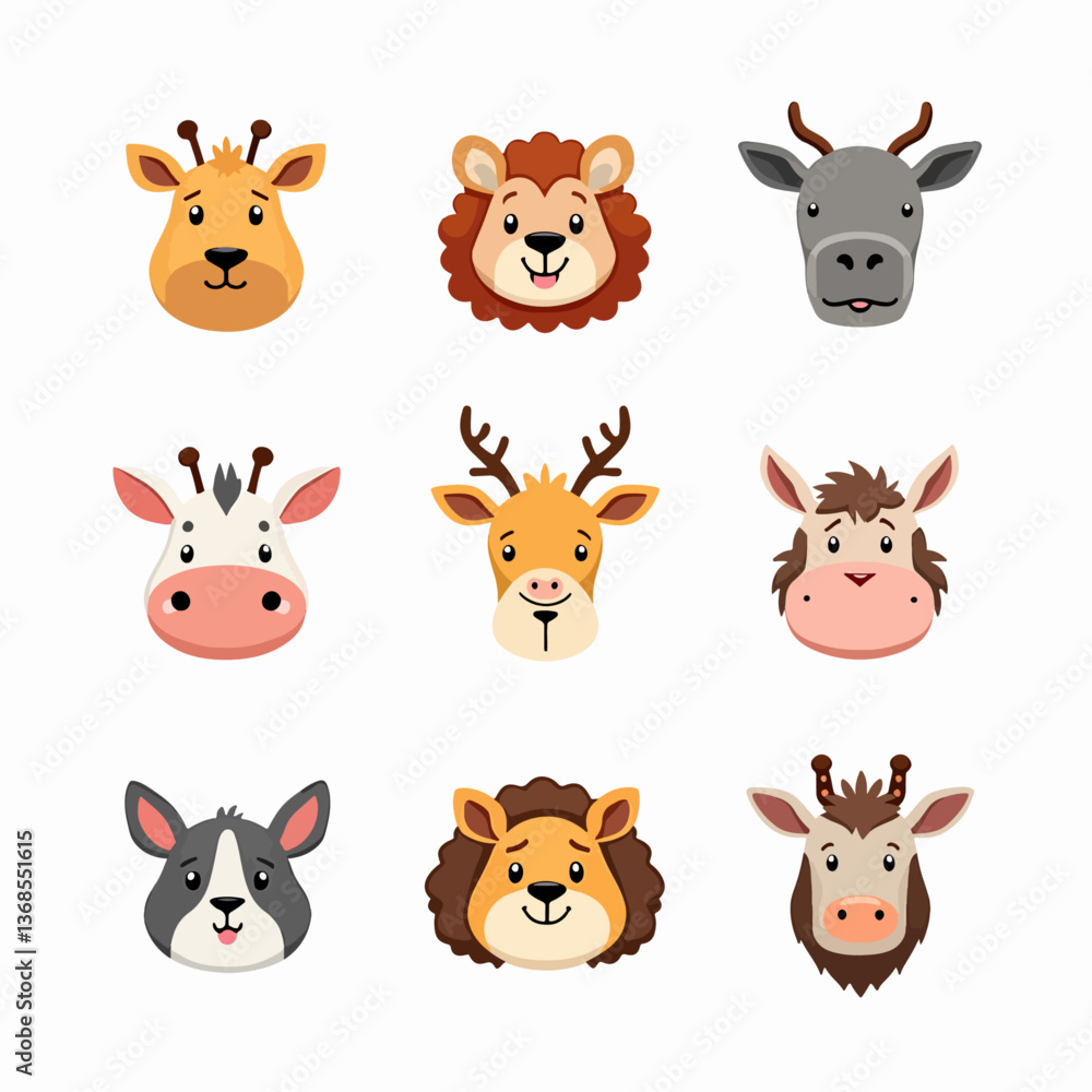 Cute baby safari animal faces vector illustration. The set includes, Baby Animal Faces Set Cute baby safari animal faces vector illustration. The set includes, Baby Animal Faces Set