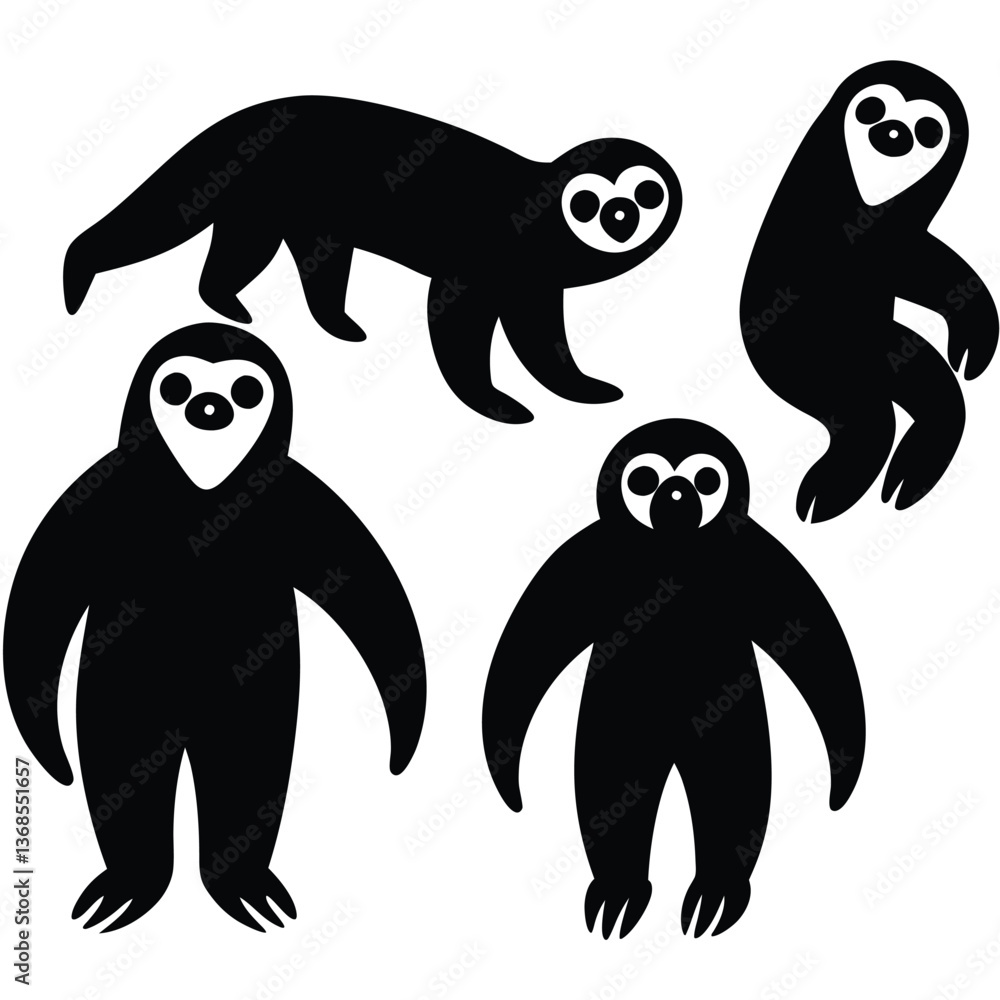 Fototapeta premium Cute Minimalist Sloth Silhouette Black Vector Collection Set