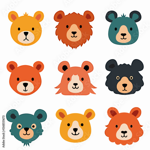 Funny cartoon bear emoticon set. Bear character with collection facial expressions.
