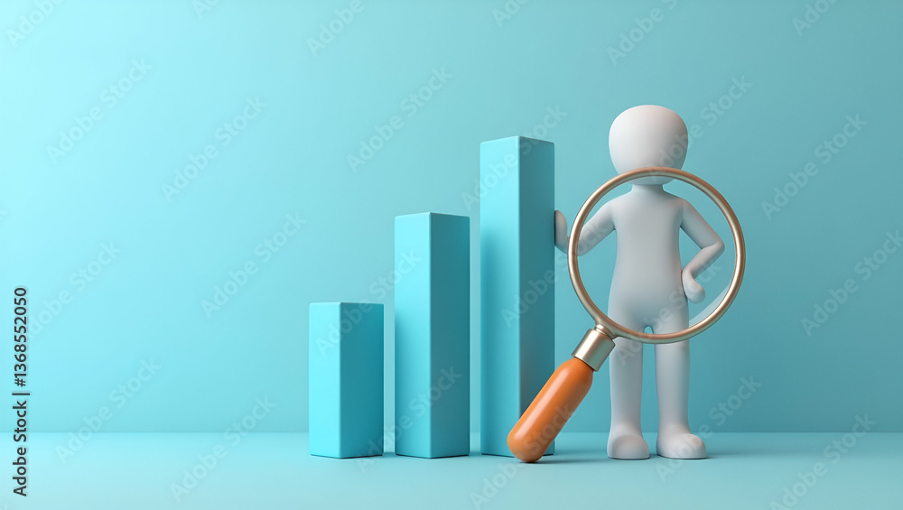 3D Flat Icon of a Persona Merged with Bar Graph and Magnifying Glass for Financial Scrutiny - Double Exposure Design with Copy Space on Isolated White Background 3D Flat Icon of a Persona Merged with Bar Graph and Magnifying Glass for Financial Scrutiny - Double Exposure Design with Copy Space on Isolated White Background