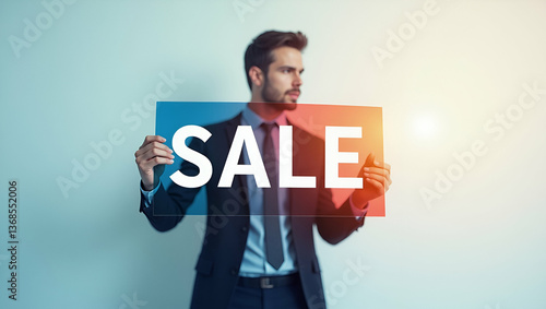 Double Exposure: Person with Sale Banner for Discount Promotions - Marketing Concept with Copy Space