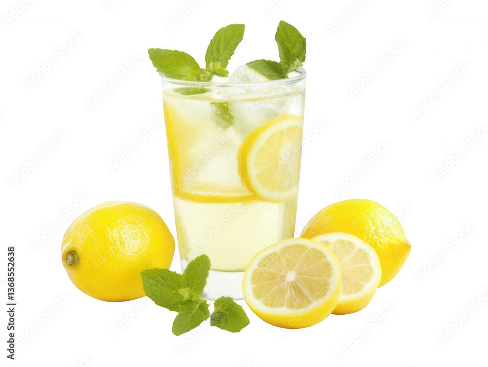 Glass of Iced Lemonade with Fresh Lemon Slices and Mint Leaves Transparent Background Glass of Iced Lemonade with Fresh Lemon Slices and Mint Leaves Transparent Background