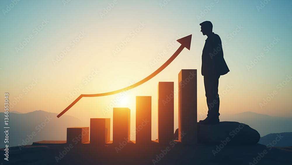 3D Flat Icon: Silhouette of a Person with Profit Graph - Symbolizing Financial Success and Growth with Ample Copy Space on Isolated White Background 3D Flat Icon: Silhouette of a Person with Profit Graph - Symbolizing Financial Success and Growth with Ample Copy Space on Isolated White Background