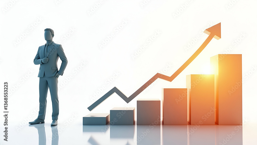 3D Flat Icon: Silhouette of Person with Sales Chart for Revenue Analysis on White Background