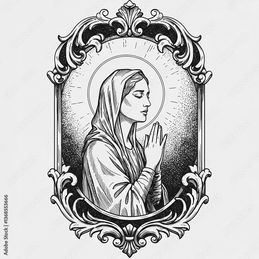 Praying in Frame: A serene illustration of a praying woman within an ornamental frame, exuding a sense of devotion and artistic elegance. Praying in Frame: A serene illustration of a praying woman within an ornamental frame, exuding a sense of devotion and artistic elegance.