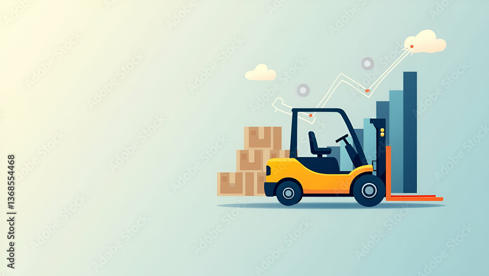 3d Flat icon as Forklift and a cost analysis chart symbolizing cost analysis in logistics in double exposure with copy space. concept as A forklift blended with a cost analysis chart representing cost 3d Flat icon as Forklift and a cost analysis chart symbolizing cost analysis in logistics in double exposure with copy space. concept as A forklift blended with a cost analysis chart representing cost
