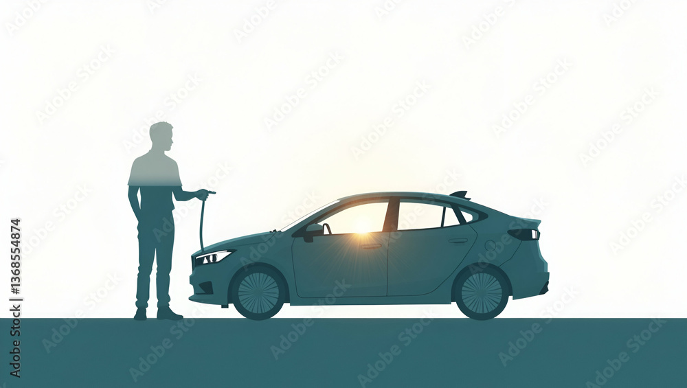 3D Flat Icon: Silhouette of a Person Intertwined with Electric Car - Symbolizing Clean Energy & Sustainable Transportation with Ample Copy Space on Isolated White Background 3D Flat Icon: Silhouette of a Person Intertwined with Electric Car - Symbolizing Clean Energy & Sustainable Transportation with Ample Copy Space on Isolated White Background