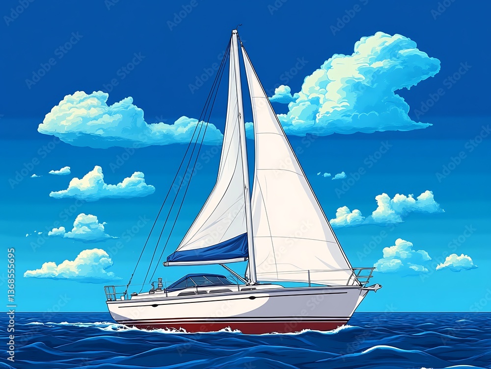 Fototapeta premium Sailing Yacht with Sunny Ocean, and Clouds.