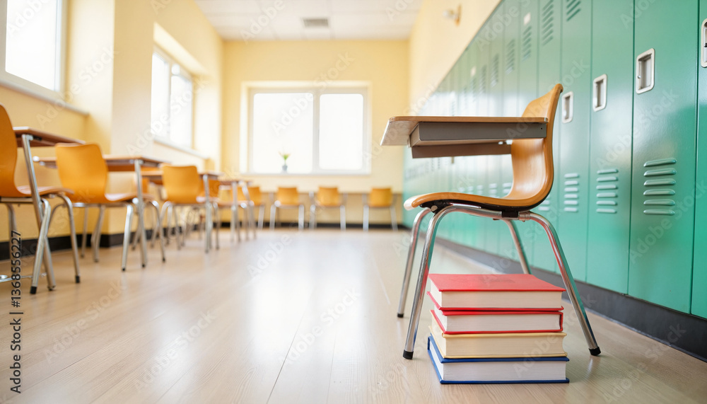 Naklejka premium Modern school chair with textbooks in bright hallway, academic setting