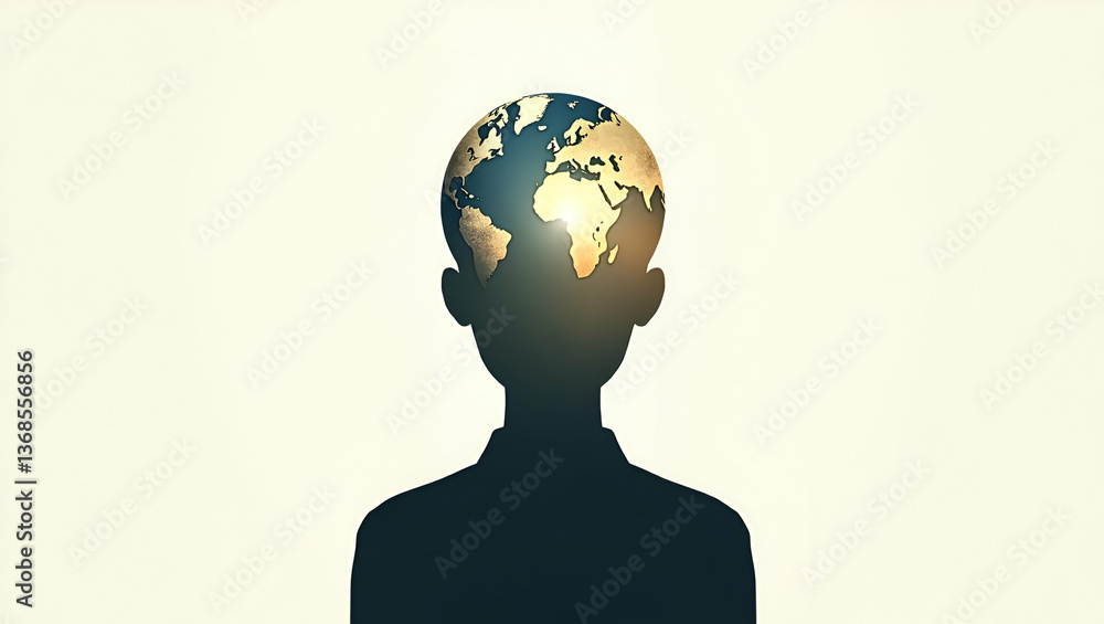 3d Flat icon as Silhouette of a person and an earth globe symbolizing global sustainability in double exposure with copy space. concept as A silhouette of a person fused with an earth globe representi 3d Flat icon as Silhouette of a person and an earth globe symbolizing global sustainability in double exposure with copy space. concept as A silhouette of a person fused with an earth globe representi