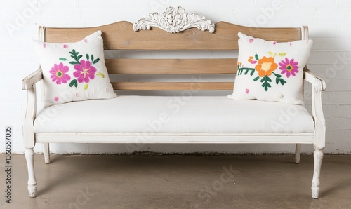 White Wooden Bench with Floral Pillows