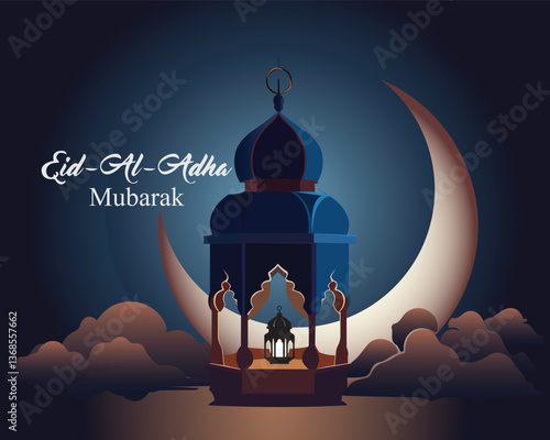 Eid Al Adha Mubarak background Vector illustration, Beautiful mosque with Arabic lanterns, Muslim community festival.