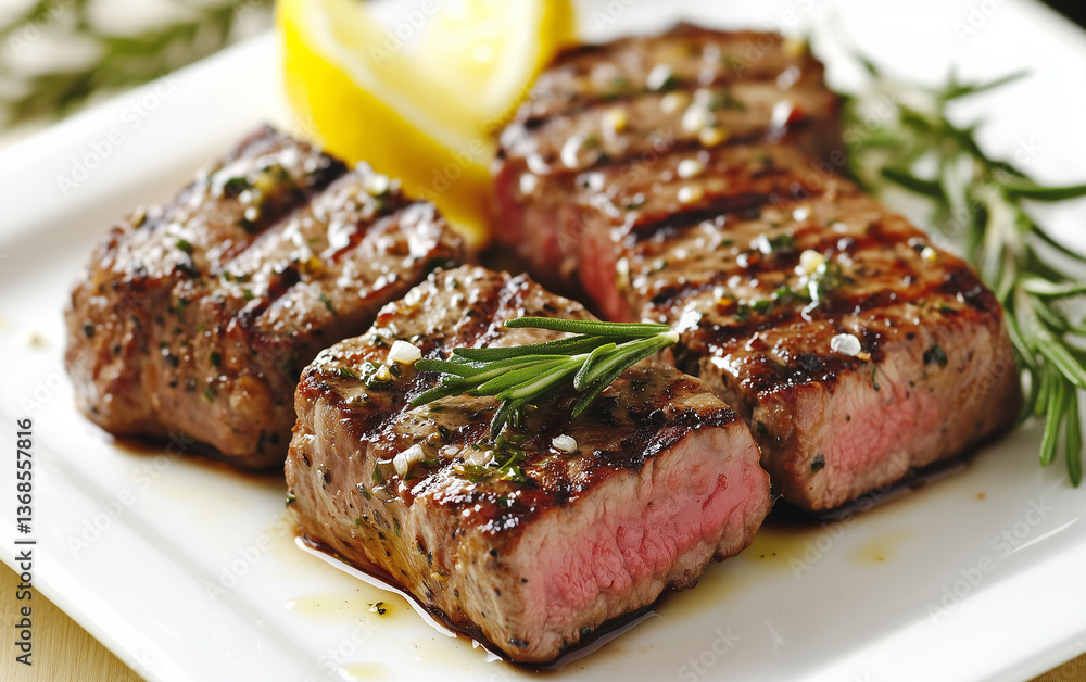 Grilled Beef Tenderloin Steak Medallions with Rosemary and Lemon on a White Plate Grilled Beef Tenderloin Steak Medallions with Rosemary and Lemon on a White Plate