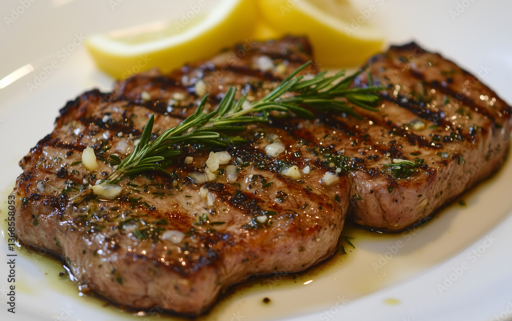 Grilled Steak with Garlic, Rosemary, and Lemon Wedges on a White Plate Grilled Steak with Garlic, Rosemary, and Lemon Wedges on a White Plate