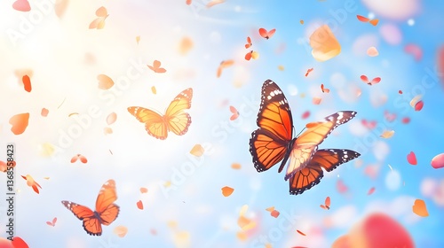 Butterflies flying amidst petals in a light-filled sky