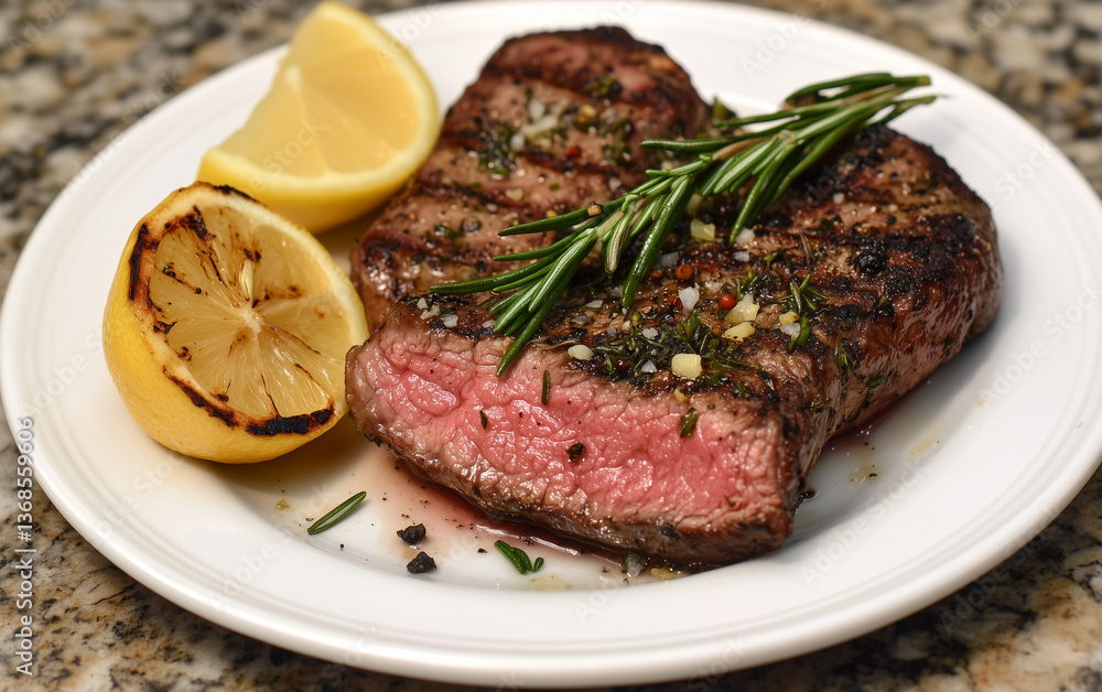 Grilled Steak with Rosemary and Lemon on a White Plate Grilled Steak with Rosemary and Lemon on a White Plate