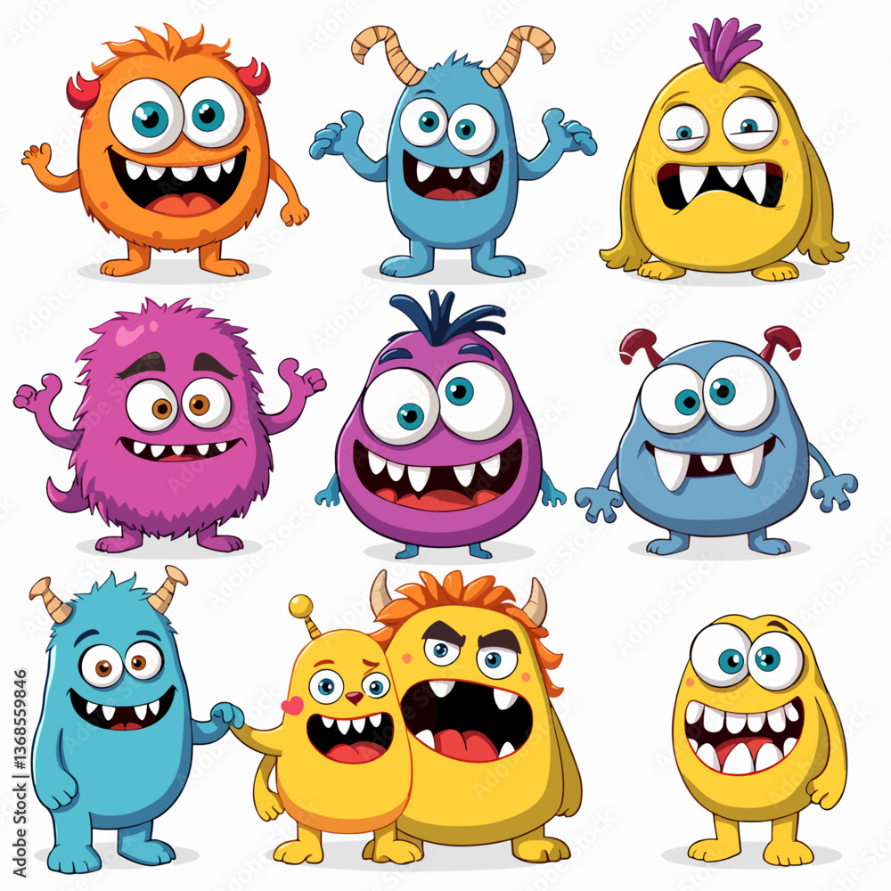 Fototapeta premium Monster set line. Colorful silhouette monsters. Happy Halloween. Cute kawaii cartoon funny boo character. Different face. Teeth, eyes, horns, hands. Childish style. Flat design White background Vector