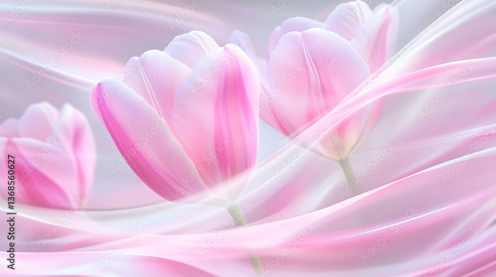 Fototapeta premium Delicate pink tulips blossom amid flowing pastel colors, creating a serene spring ambiance